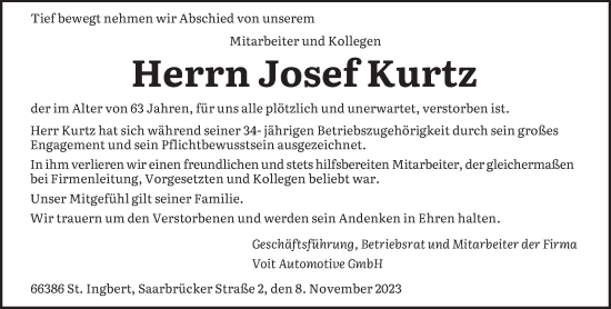 Todesanzeige von Josef Kurtz von saarbruecker_zeitung