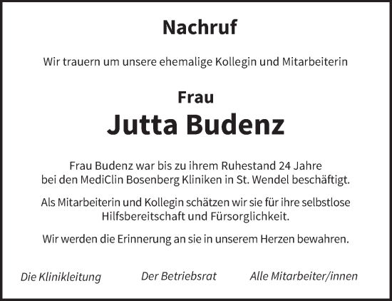 Todesanzeige von Jutta Budenz von saarbruecker_zeitung