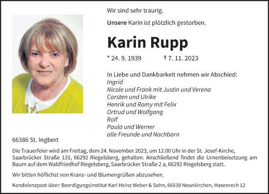 Todesanzeige von Karin Rupp von saarbruecker_zeitung