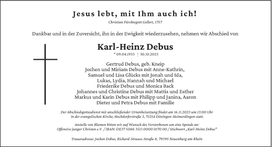 Todesanzeige von Karl-Heinz Debus von saarbruecker_zeitung