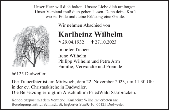 Todesanzeige von Karlheinz Wilhelm von saarbruecker_zeitung