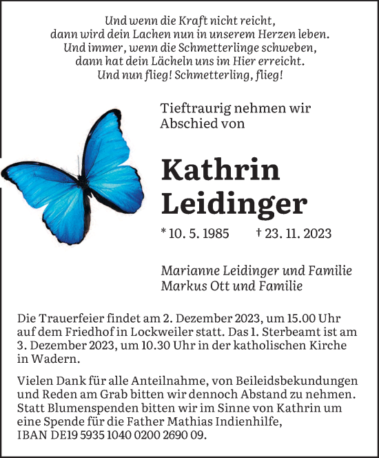 Todesanzeige von Kathrin Leidinger von saarbruecker_zeitung