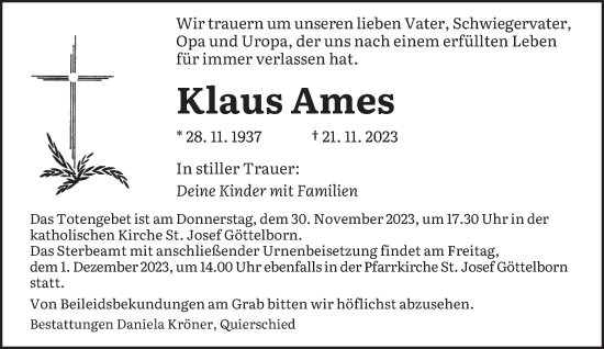 Todesanzeige von Klaus Ames von saarbruecker_zeitung
