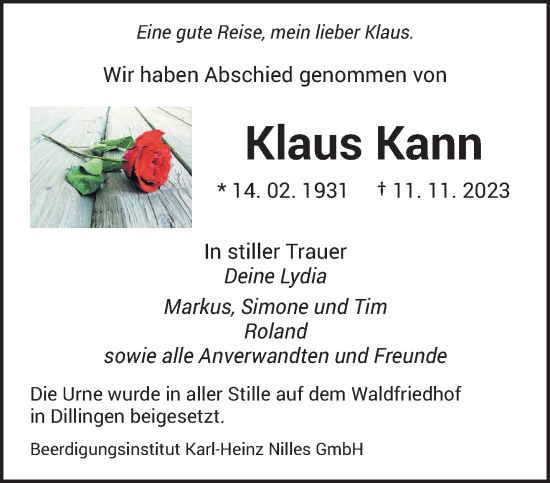 Todesanzeige von Klaus Kann von saarbruecker_zeitung