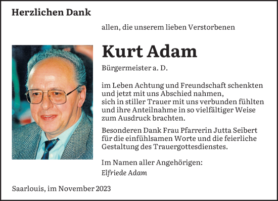 Todesanzeige von Kurt Adam von saarbruecker_zeitung