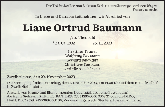 Todesanzeige von Liane Ortrud Baumann von saarbruecker_zeitung