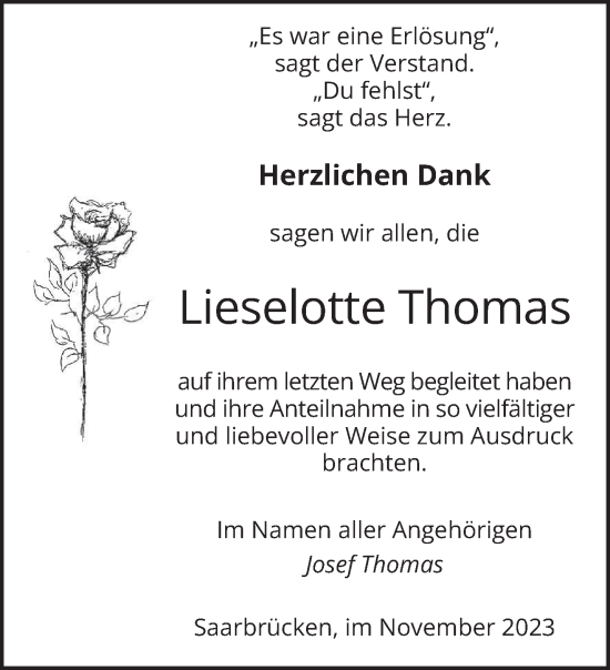 Todesanzeige von Lieselotte Thomas von saarbruecker_zeitung