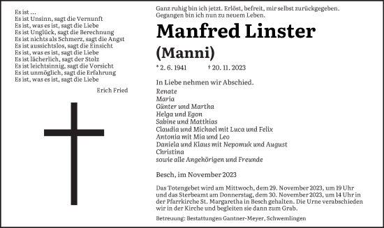 Todesanzeige von Manfred Linster von saarbruecker_zeitung