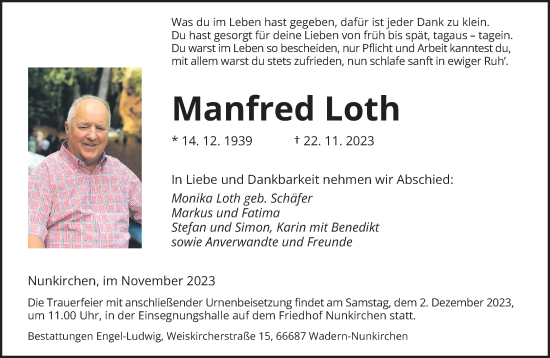 Todesanzeige von Manfred Loth von saarbruecker_zeitung