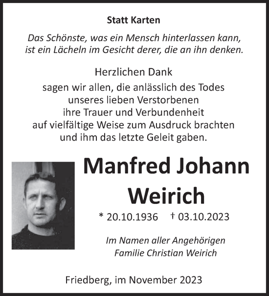 Todesanzeige von Manfred Johann Weirich von saarbruecker_zeitung