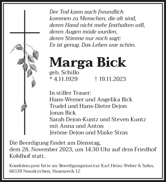 Todesanzeige von Marga Bick von saarbruecker_zeitung