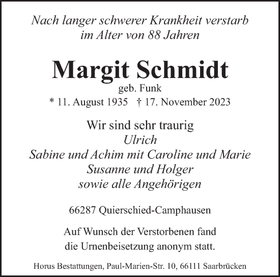 Todesanzeige von Margit Schmidt von saarbruecker_zeitung