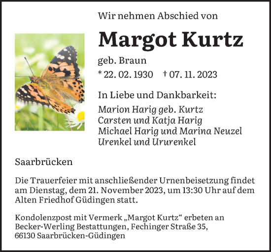 Todesanzeige von Margot Kurtz von saarbruecker_zeitung