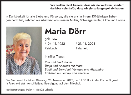 Todesanzeige von Maria Dörr von saarbruecker_zeitung
