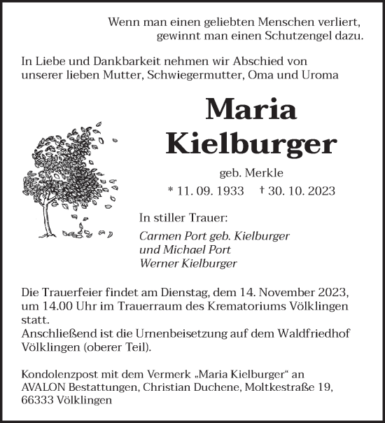Todesanzeige von Maria Kielburger von saarbruecker_zeitung