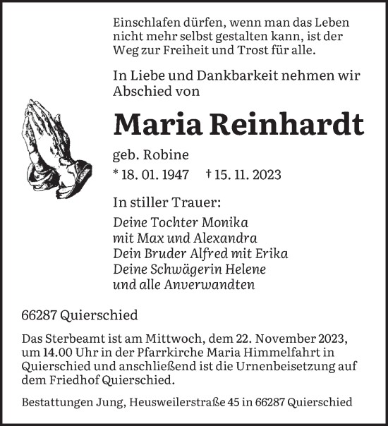Todesanzeige von Maria Reinhardt von saarbruecker_zeitung