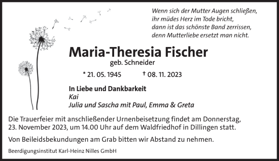 Todesanzeige von Maria-Theresia Fischer von saarbruecker_zeitung