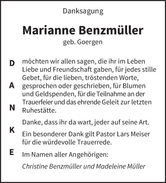 Todesanzeige von Marianne Benzmüller von saarbruecker_zeitung