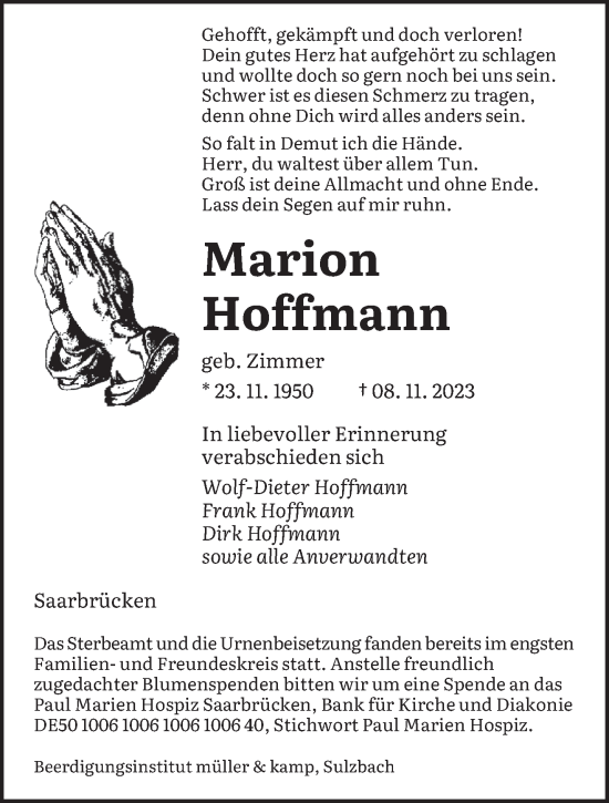 Todesanzeige von Marion Hoffmann von saarbruecker_zeitung