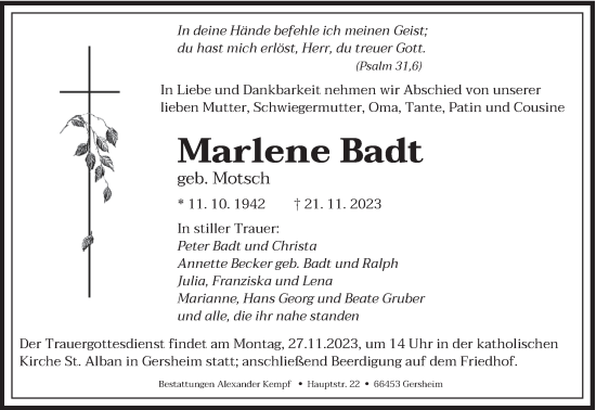 Todesanzeige von Marlene Badt von saarbruecker_zeitung