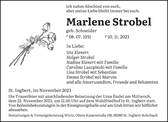 Todesanzeige von Marlene Strobel von saarbruecker_zeitung