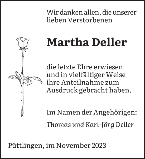 Todesanzeige von Martha Deller von saarbruecker_zeitung