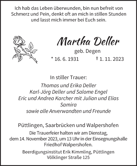 Todesanzeige von Martha Deller von saarbruecker_zeitung