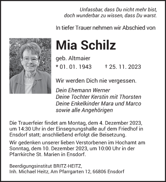 Todesanzeige von Mia Schilz von saarbruecker_zeitung