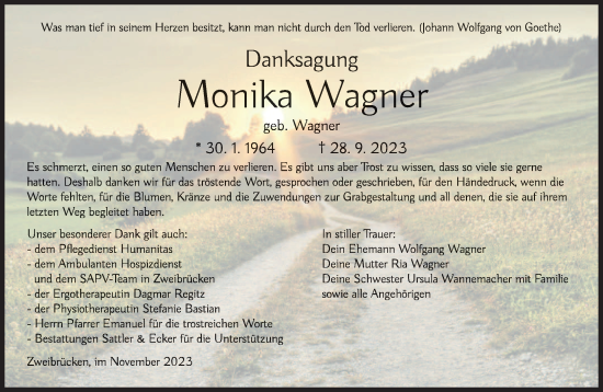 Todesanzeige von Monika Wagner von saarbruecker_zeitung