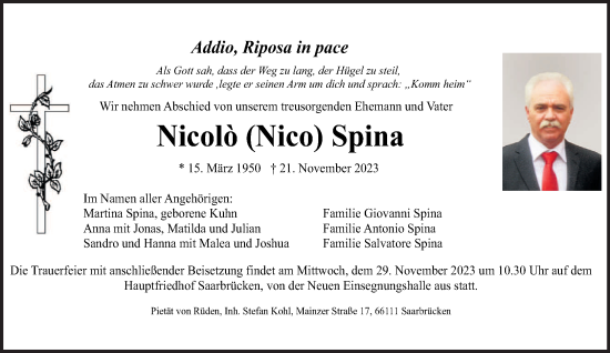 Todesanzeige von Nicolò Spina von saarbruecker_zeitung