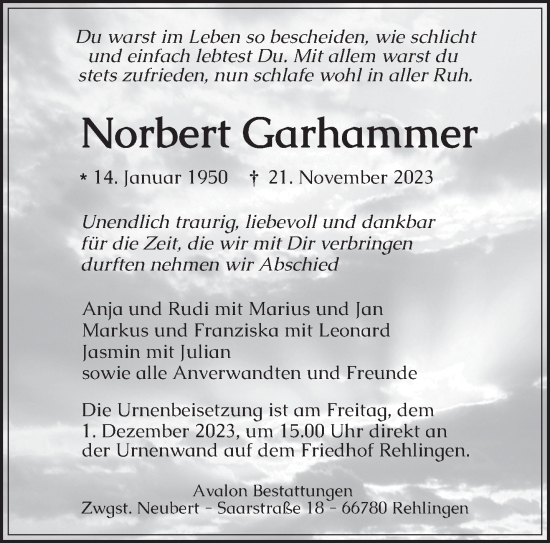 Todesanzeige von Norbert Garhammer von saarbruecker_zeitung