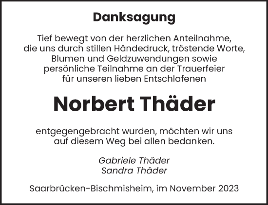 Todesanzeige von Norbert Thäder von saarbruecker_zeitung
