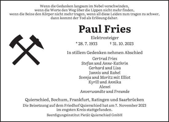 Todesanzeige von Paul Fries von saarbruecker_zeitung