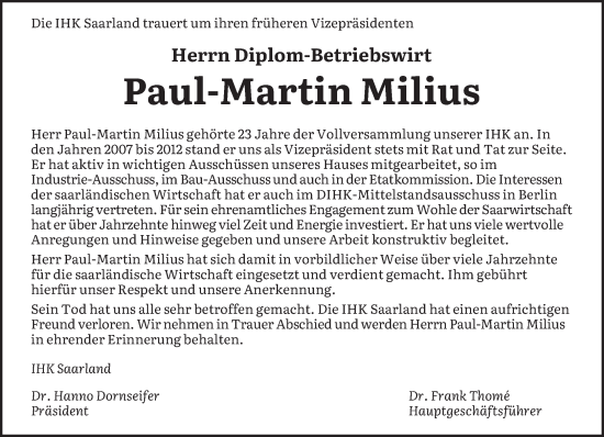 Todesanzeige von Paul-Martin Milius von saarbruecker_zeitung