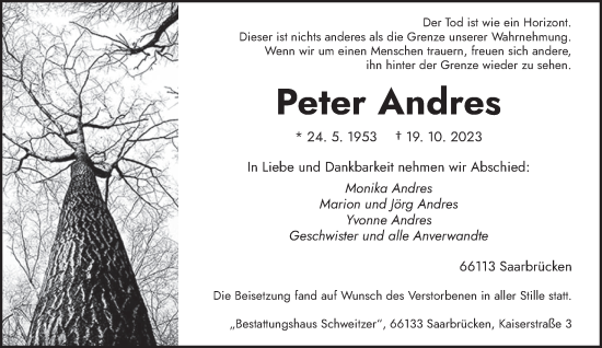 Todesanzeige von Peter Andres von saarbruecker_zeitung
