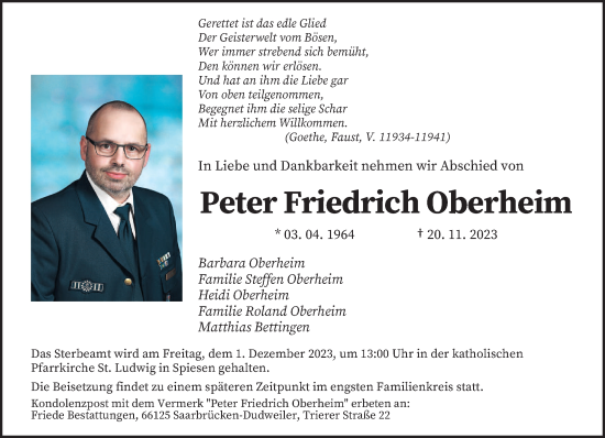 Todesanzeige von Peter Friedrich Oberheim von saarbruecker_zeitung