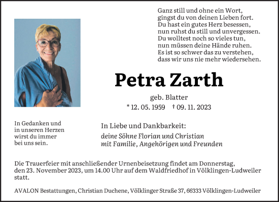 Todesanzeige von Petra Zarth von saarbruecker_zeitung