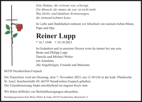 Todesanzeige von Reiner Lupp von saarbruecker_zeitung