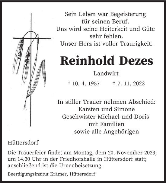 Todesanzeige von Reinhold Dezes von saarbruecker_zeitung