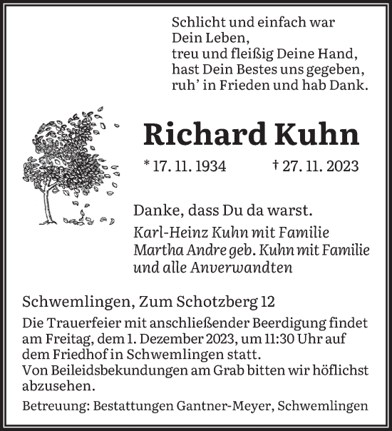 Todesanzeige von Richard Kuhn von saarbruecker_zeitung