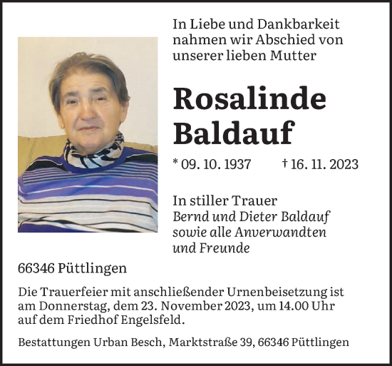 Todesanzeige von Rosalinde Baldauf von saarbruecker_zeitung