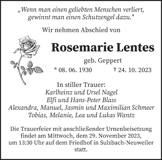 Todesanzeige von Rosemarie Lentes von saarbruecker_zeitung