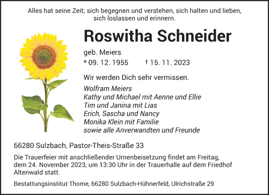 Todesanzeige von Roswitha Schneider von saarbruecker_zeitung