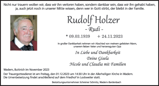 Todesanzeige von Rudolf Holzer von saarbruecker_zeitung