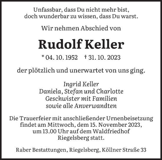 Todesanzeige von Rudolf Keller von saarbruecker_zeitung