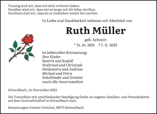 Todesanzeige von Ruth Müller von saarbruecker_zeitung