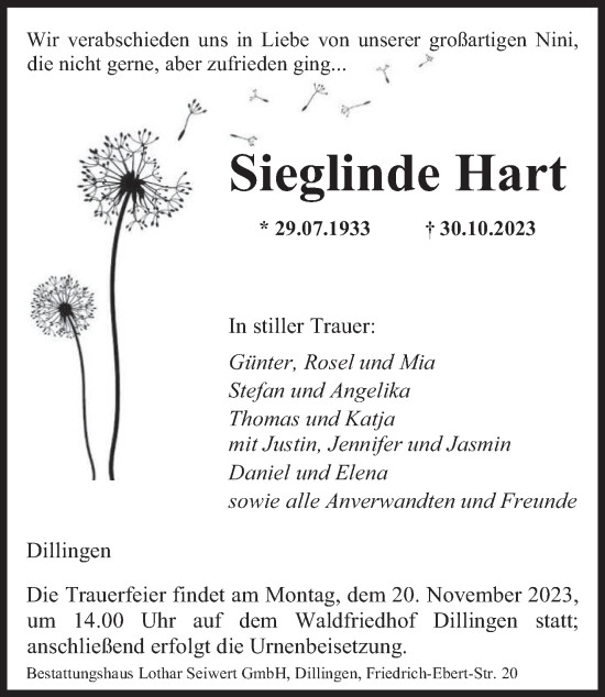 Todesanzeige von Sieglinde Hart von saarbruecker_zeitung