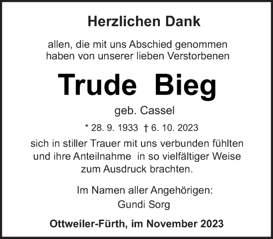 Todesanzeige von Trude Bieg von saarbruecker_zeitung