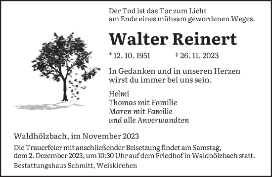 Todesanzeige von Walter Reinert von saarbruecker_zeitung