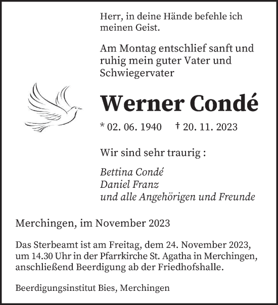 Todesanzeige von Werner Condé von saarbruecker_zeitung